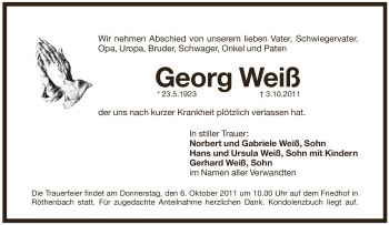 Traueranzeige von Georg Weiss von Pegnitz-Zeitung
